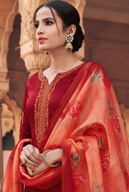 Maroon Faux Georgette Party Embroidered Palazzo Suit