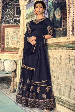 Blue Faux Georgette Wedding Embroidered Sharara Kameez