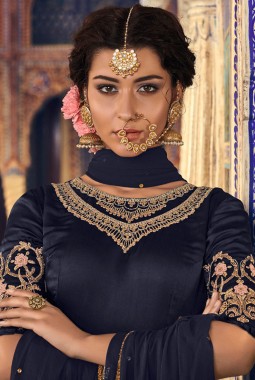 Blue Faux Georgette Wedding Embroidered Sharara Kameez