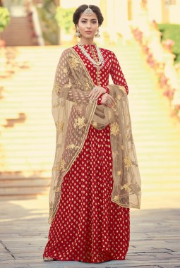 Red Viscose Jacquard Wedding Embroidered Floor Length Anarkali
