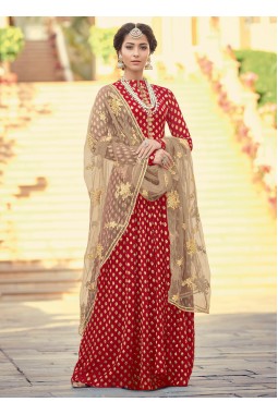 Red Viscose Jacquard Wedding Embroidered Floor Length Anarkali