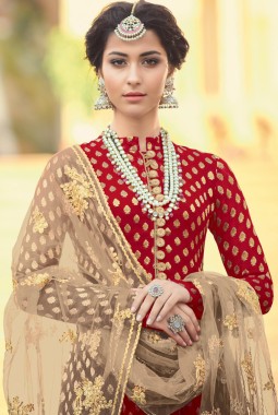 Red Viscose Jacquard Wedding Embroidered Floor Length Anarkali