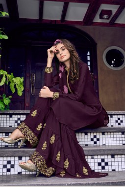 Purple Silk Party Wear Embroidered Sharara Suit