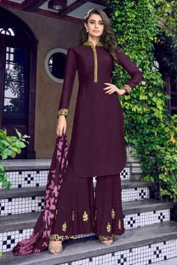 Purple Silk Party Wear Embroidered Sharara Suit