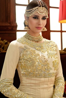 Peach Crape Wedding Embroidered Abaya Style Anarkali