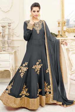 Grey Art Silk Wedding Embroidered Floor Length Anarkali