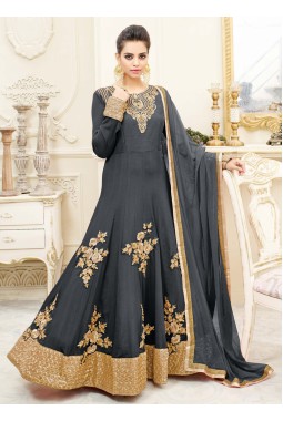 Grey Art Silk Wedding Embroidered Floor Length Anarkali