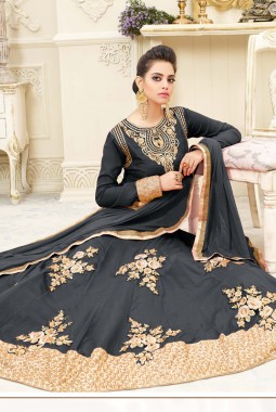 Grey Art Silk Wedding Embroidered Floor Length Anarkali