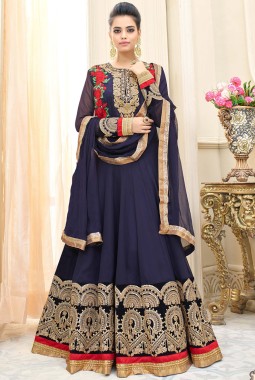 Blue Faux Georgette Wedding Embroidered Floor Length Anarkali
