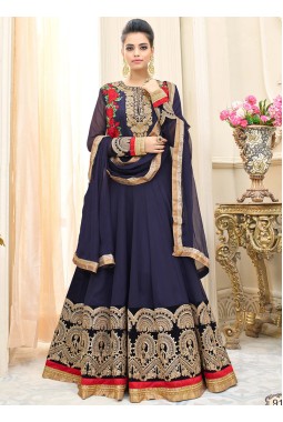 Blue Faux Georgette Wedding Embroidered Floor Length Anarkali