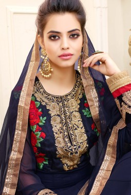 Blue Faux Georgette Wedding Embroidered Floor Length Anarkali