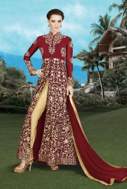 Magenta Faux Georgette Wedding Embroidered Pant Style Suit