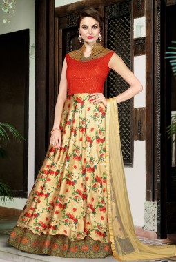 Beige Satin Party Embroidered Gown Style Anarkali Suit