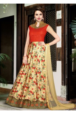 Beige Satin Party Embroidered Gown Style Anarkali Suit