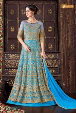 Turquoise Net Wedding Embroidered Floor Length Anarkali