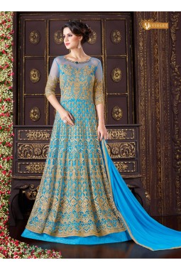 Turquoise Net Wedding Embroidered Floor Length Anarkali