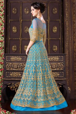 Turquoise Net Wedding Embroidered Floor Length Anarkali