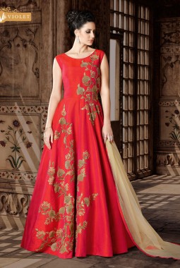 Red Art Silk Wedding Embroidered Gown Style Suit