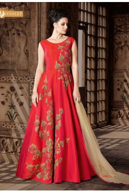 Red Art Silk Wedding Embroidered Gown Style Suit