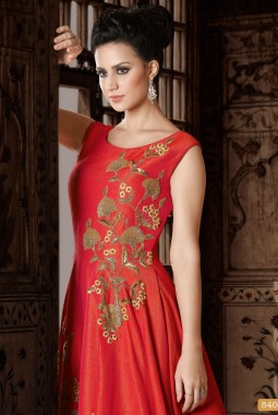 Red Art Silk Wedding Embroidered Gown Style Suit