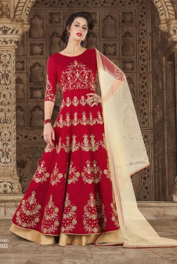 Red Silk Wedding Embroidered Floor Length Anarkali