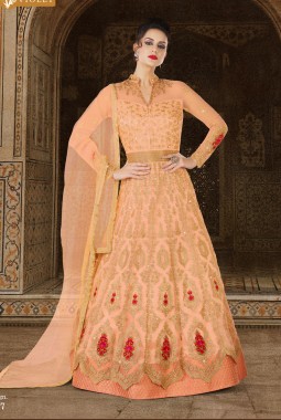 Peach Net Wedding Embroidered Floor Length Anarkali Suit