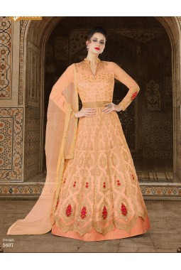Peach Net Wedding Embroidered Floor Length Anarkali Suit