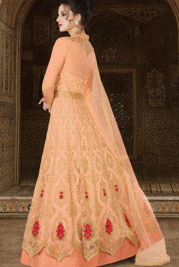 Peach Net Wedding Embroidered Floor Length Anarkali Suit